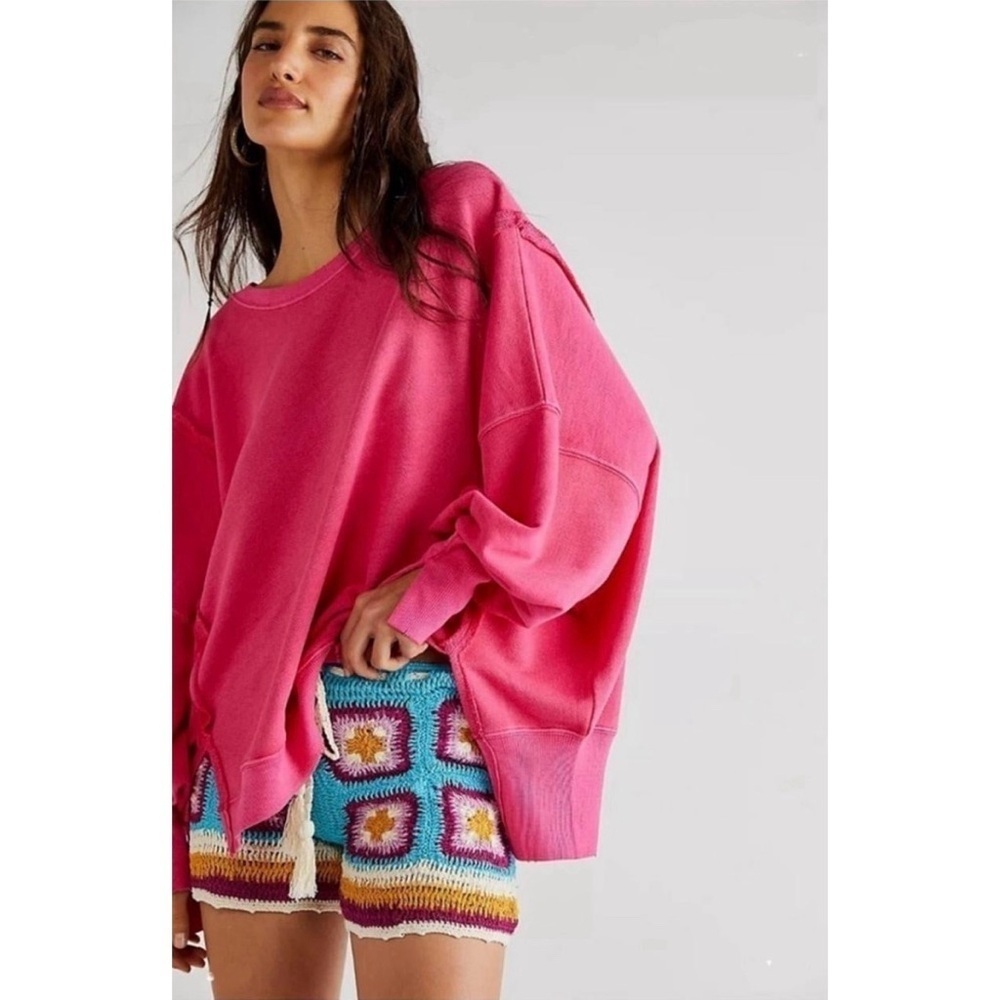 Free People Easy Street Hot Pink Oversized Sweater XS Boho Slouchy Tunic - Picture 15 of 15